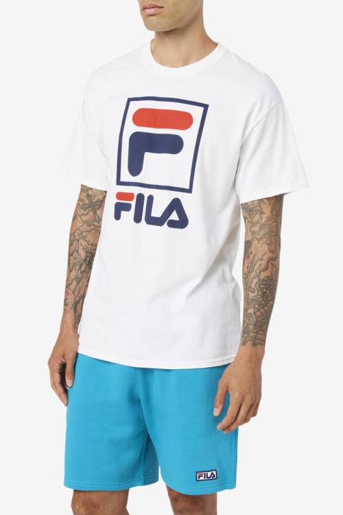 White / Navy / Red Men's Fila Stacked Tee T Shirts | Fila890EQ