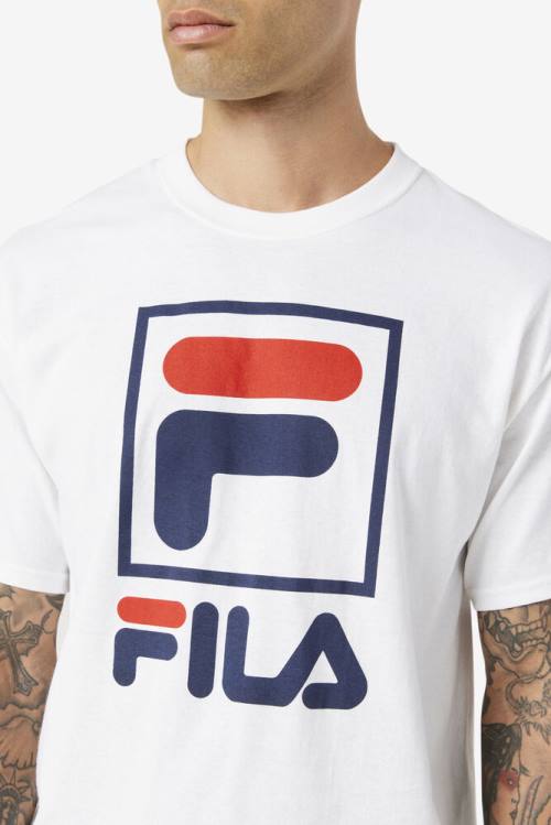 White / Navy / Red Men's Fila Stacked Tee T Shirts | Fila890EQ