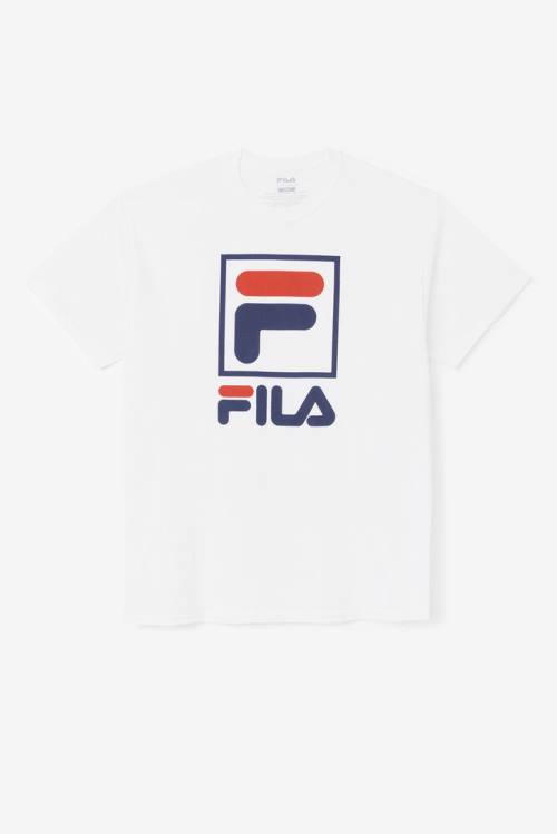 White / Navy / Red Men\'s Fila Stacked Tee T Shirts | Fila890EQ