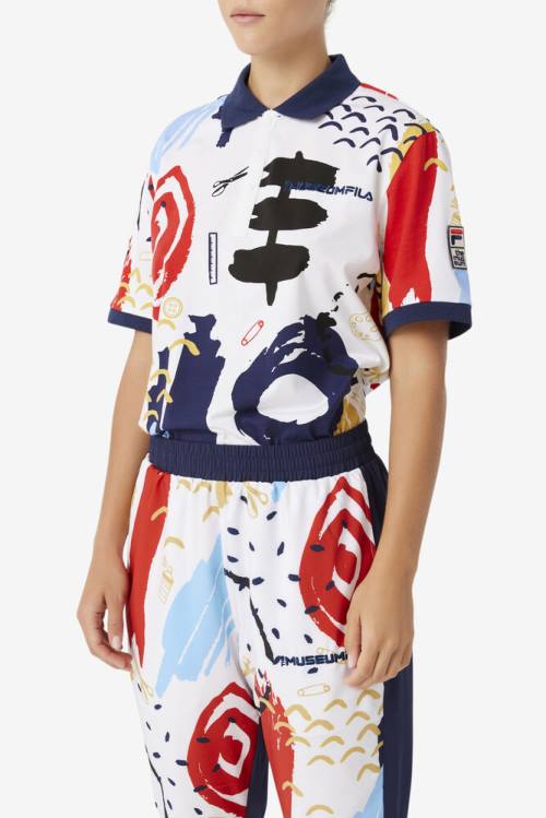 White / Navy / Red Women's Fila X The Museum Printed Polo | Fila517SH