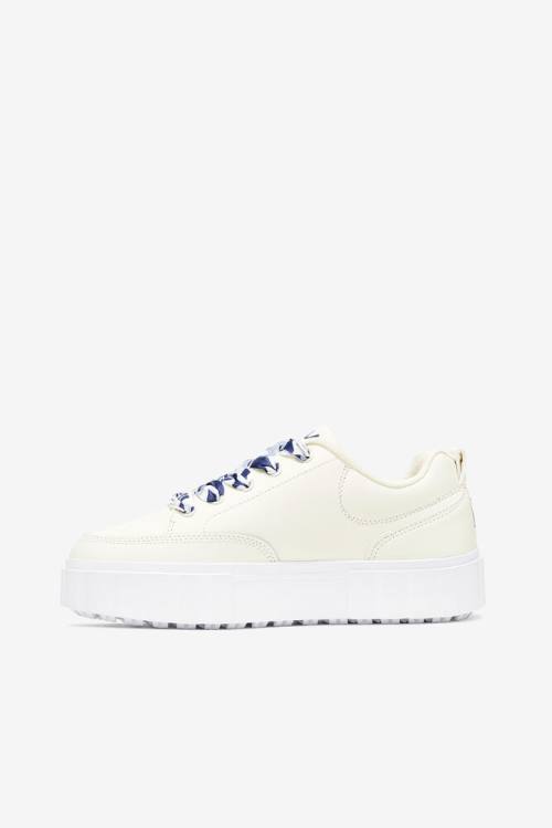 White / Navy Women's Fila Sandblast Low Satin Lace Sneakers | Fila038HY