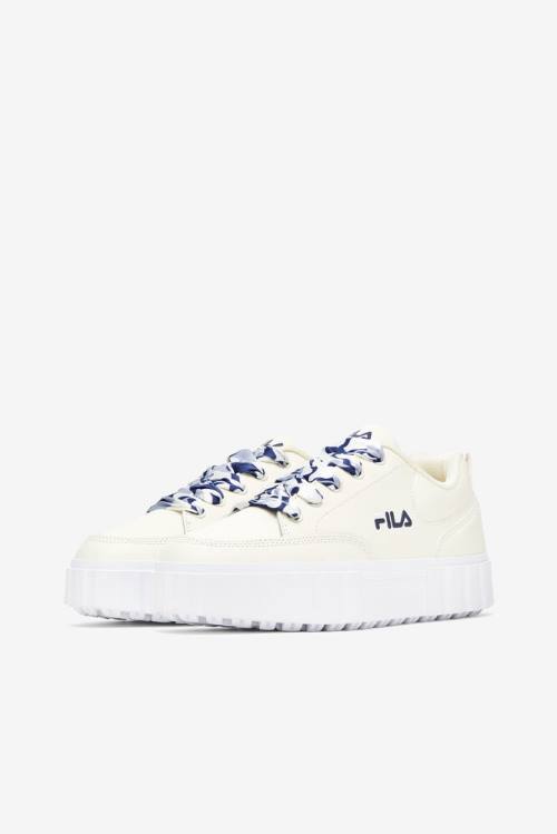 White / Navy Women's Fila Sandblast Low Satin Lace Sneakers | Fila038HY