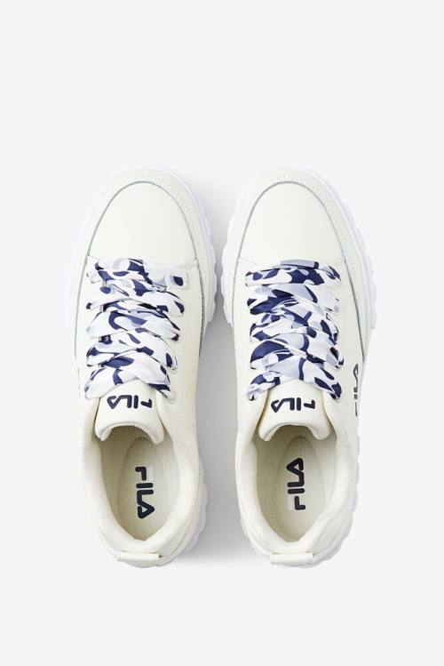 White / Navy Women's Fila Sandblast Low Satin Lace Sneakers | Fila038HY