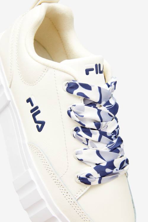 White / Navy Women's Fila Sandblast Low Satin Lace Sneakers | Fila038HY