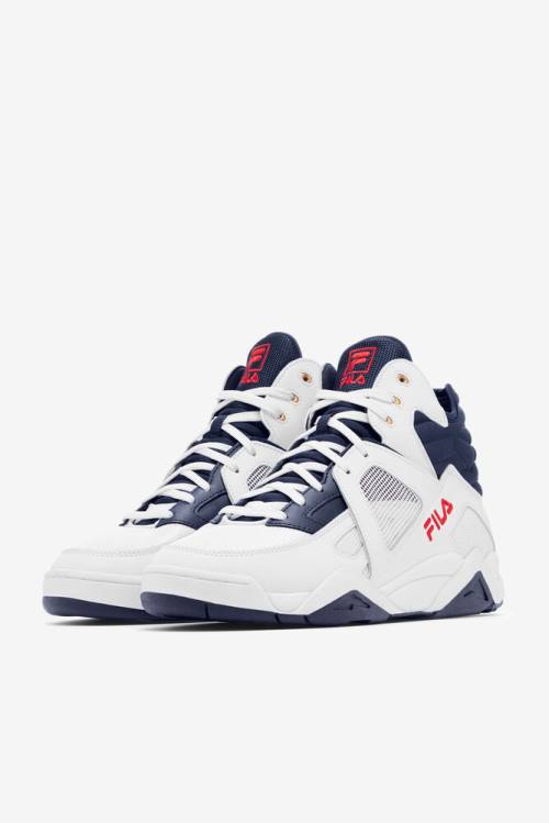 White / Red / Blue Men's Fila Cage Mid Basketball Shoes | Fila519XC