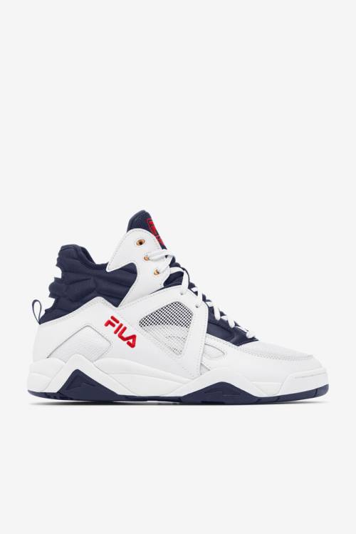 White / Red / Blue Men\'s Fila Cage Mid Basketball Shoes | Fila519XC